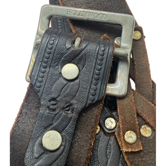 Hollywood Trading Co HTC Brown Leather Belt Studded Tooled Silver Buckle Size 34 - Picture 8 of 11